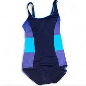 Lands end Colorblock One-Piece Swimsuit navy purple turquoise size 4L tugless
